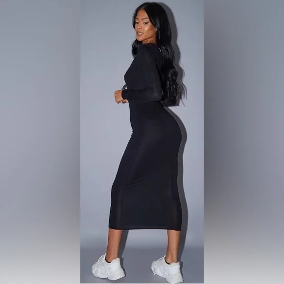 PrettyLittleThing Tall Black Long Sleeve Jersey Maxi Dress - UK8/ US4 - NWT - Picture 2 of 5